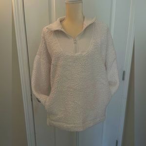 Aerie Teddy Sherpa Oversized Pullover Sweater 1/4 Zip Fleece White/Cream Size S